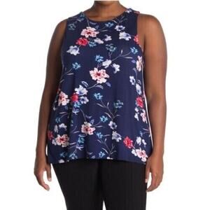 LEMON TART NEW $58 Floral Print Back Slit Lucy Tank in Navy Large